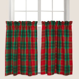 Cackleberry Home Red and Green Christmas Plaid with Gold Lurex Cafe Curtains 28 Inches W x 24 Inches L Woven Fabric, Set of 2
