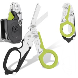 6-in-1 Heavy Duty Emergency/Trauma Shears, with Carbide Glass Breaker, Ring Cutter, Foldable, Stainless Steel Multi-Purpose Scissors for Hospital, Home, Camping, and Travel Rescue Tools (Black+Green)