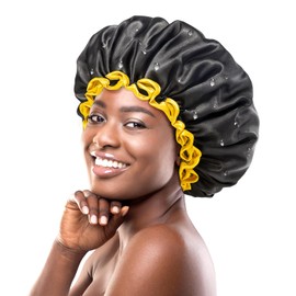 mikimini Extra Large Black Shower Cap for Women and Men, Reusable Waterproof Bath Cap for Thick Long Hair Braids, Double-Layered XL Hair Hats with Yellow Edge