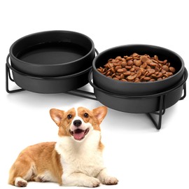Ceramic Dog and Cat Bowl Set with Stand, 1.7 Cups Dog Food and Water Bowl Suitable for Small and Medium Pets (13.5oz Black)