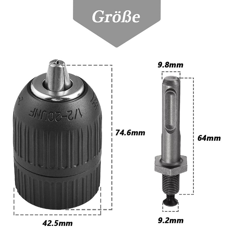 Mesee 2-13mm Drill Chuck Adapter, Plastic Keyless Drill Chuck 1/2-20UNF