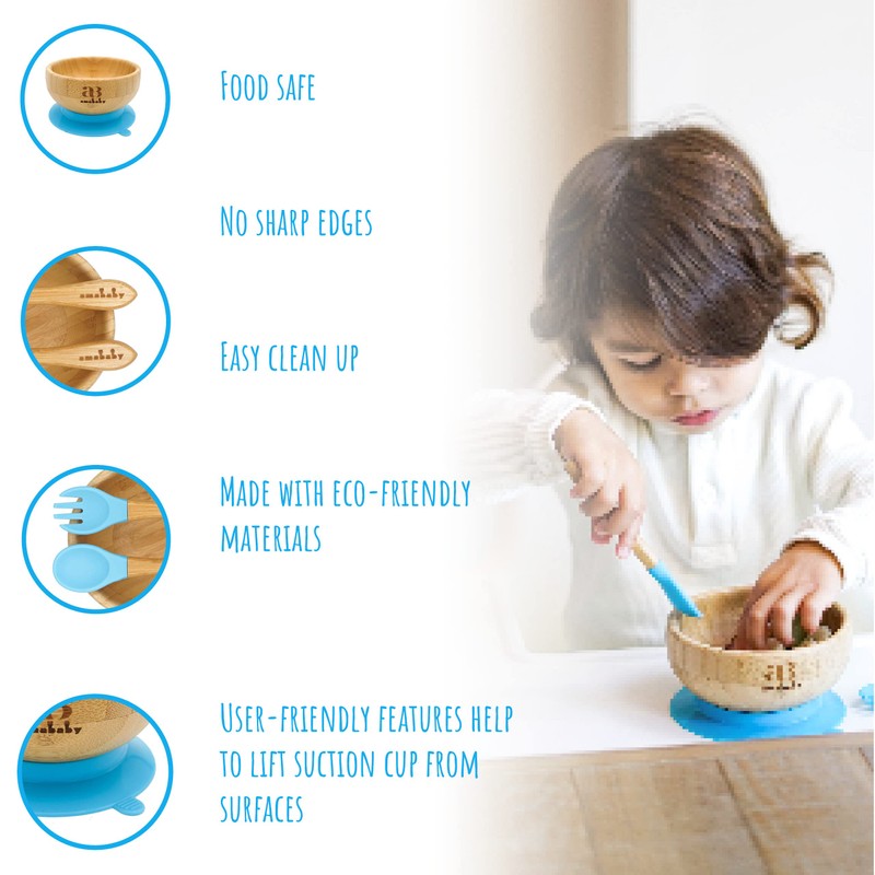 Amonev Bamboo Baby Bowls with Suction Spoon and Fork Set.