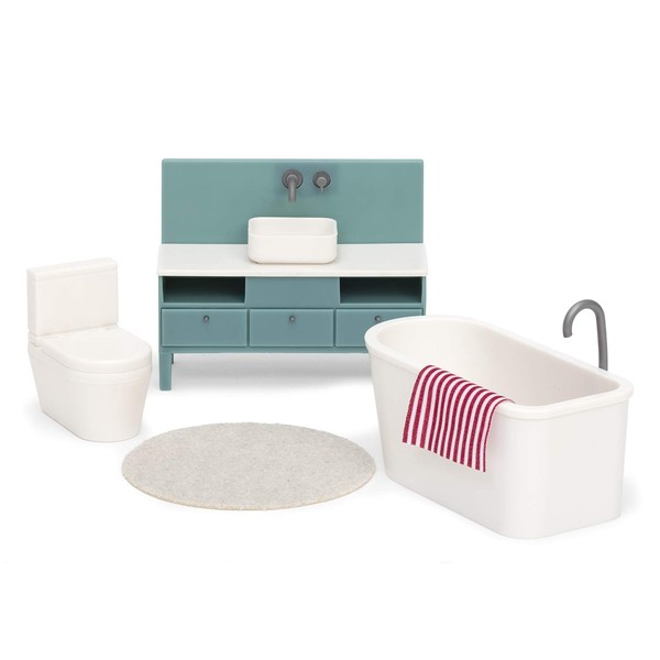 LUNDBY Dolls House Furniture Bathroom Set — Freestanding Bath + Sink Unit + Toilet + Mat + Towel — Doll House Accessories — 5 pieces — for 11cm Mini Dolls — Age 3+ 1:18