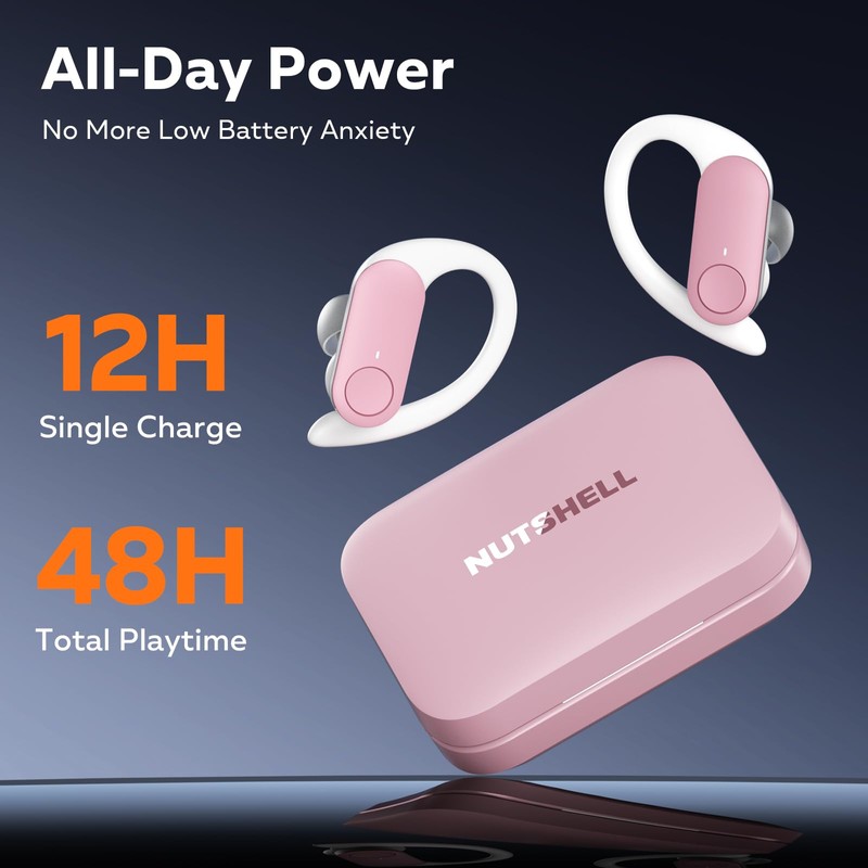 NUTSHELL NS18 Wireless Earbuds for Workouts, 12H Non-Stop Playback, Sweat-Resistant,