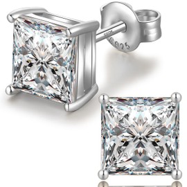 18K White Plated Sterling Silver Princess Cut Cubic Zirconia Stud Earrings Square Simulated Diamond CZ Stud Earrings for Women Men Hypoallergenic 5mm