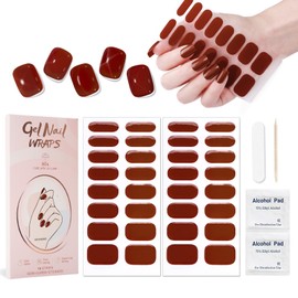 YECIRALA 2 Sheet 32 Tips Semi Cured Gel Nail Strips Kit (Burgundy) Salon-Quality Semi Cured Nail Polish Strips Stickers Solid Gel Nail Stickers Full Nail Wraps With Nail File & Wooden Stick