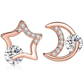 Yumilok Roségold 925 Sterling Silber Zirkonia Stern Mond Asymmetrische Ohrstecker Ohrringe Hypoallergen Ohrschmuck für Damen Mädchen