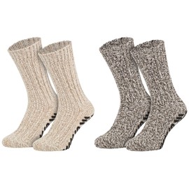 Piarini 2 Pairs of ABS Norwegian Socks Sheep's Wool – Stopper Socks Knitted with Non-Slip – House Socks with Nubs – Wool Socks, 1 x brown + 1 x natural