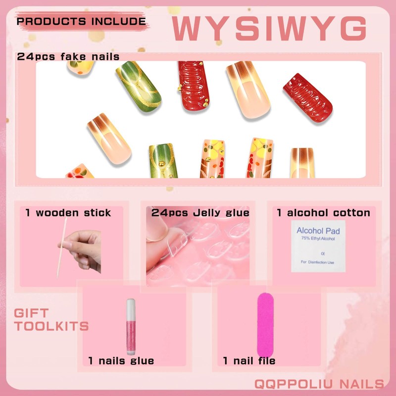 QQPPOLIU Press on Nails,3D Nails Long Press on Nails Square