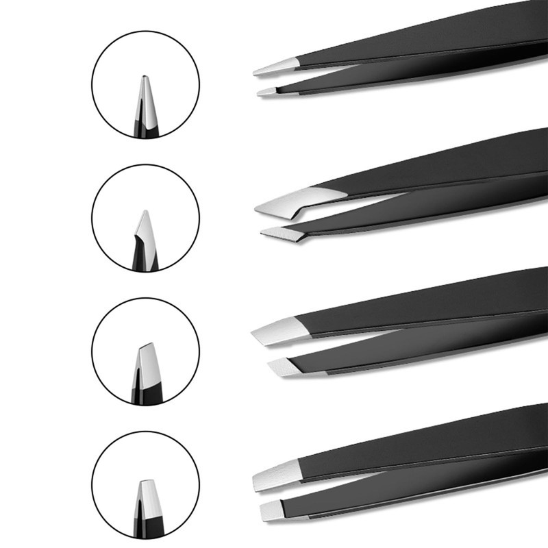 ピンセット ステンレス製 毛抜き 95mm 眉毛/ひげ/白髪/ムダ毛/細い毛/とげ処理 メンズ レディース 兼用 ブラック（4点セット）