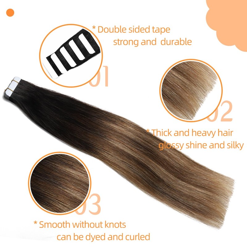VINBAO Tape Extensions Real Hair Ombre Black to Brown with