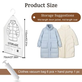 Hanging Vacuum Storage Bags for Clothes,WideSmart 6 Pack 110×70CM Space-saving Vacuum Bag for Clothes with Hand Pump,Clear Reusable Closet Organizer for Clothes,Suits,Dresses,Coats or Jackets