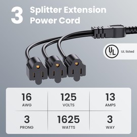 Extension Cord with 1 to 3 Splitter 16 AWG 13A 125V 1.6 Foot Black 2 Pack | Outdoor Y-Style SJTW Cord NEMA 5-15P to 5-15R