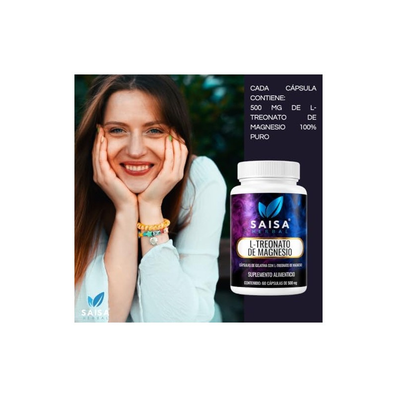 L-treonato De Magnesio 100 Puro con 60 Cápsulas SAISA HERBAL