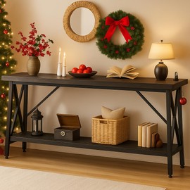 Homieasy 70.9 Inch Console Table, Industrial Sofa Table Behind Couch with Charging Station & Storage Shelf, Entryway Table for Living Room & Entryway, Grey