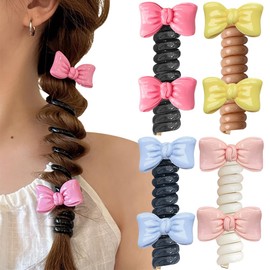 Double Bows Spiral Hair Ties No Damage Telephpone Line Hairties Plastic Coil Hair Ties for Women Hair Clips Ponytail Holders Telephone Cord Hair Bows Hair Elastics Bow Hair Tie Girls Hair Accessories