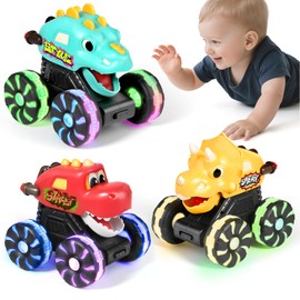 MOONTOY 3 Pack Monster Truck, Light Up Dinosaur Car Toys for 1 Year Old Boys, Press and Go Cars for Toddlers 1-3, Baby Toys 12-18 Months, Birthday for Boys and Girls