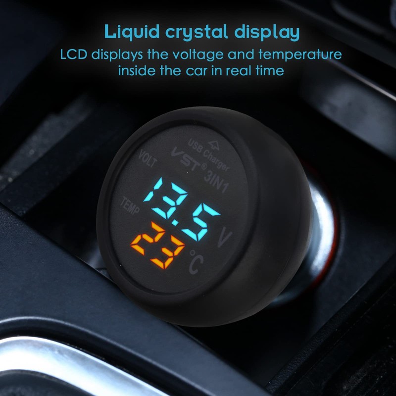 Car Voltmeter, 3 in 1 12V/24V Car USB Charger Thermometer