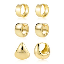 ALEXCRAFT Gold Hoop Earrings for Women, 14K Goldplated Small Chunky Hoop Earrings Set, 3 Pai rs 925 Sterling Silver Gold Cartilage Huggie Hoop Earrings Small Wide Flat Chunky Hoop Earrings for Women