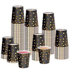 CEILIWEN Pack of 100 Black Gold Party Paper Cups, 9 oz/250 ml Gold Polka Dot Paper Cups, Party Paper Cups for Hot and Cold Drinks (Black/Golden)