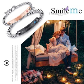 Cupimatch 2pcs CZ His and Hers Couple Bracelets Set, Adjustable Titanium Stainless Steel His Beauty Her Beast Love Heart Matching Bracelet Link Jewelry Set,Black …