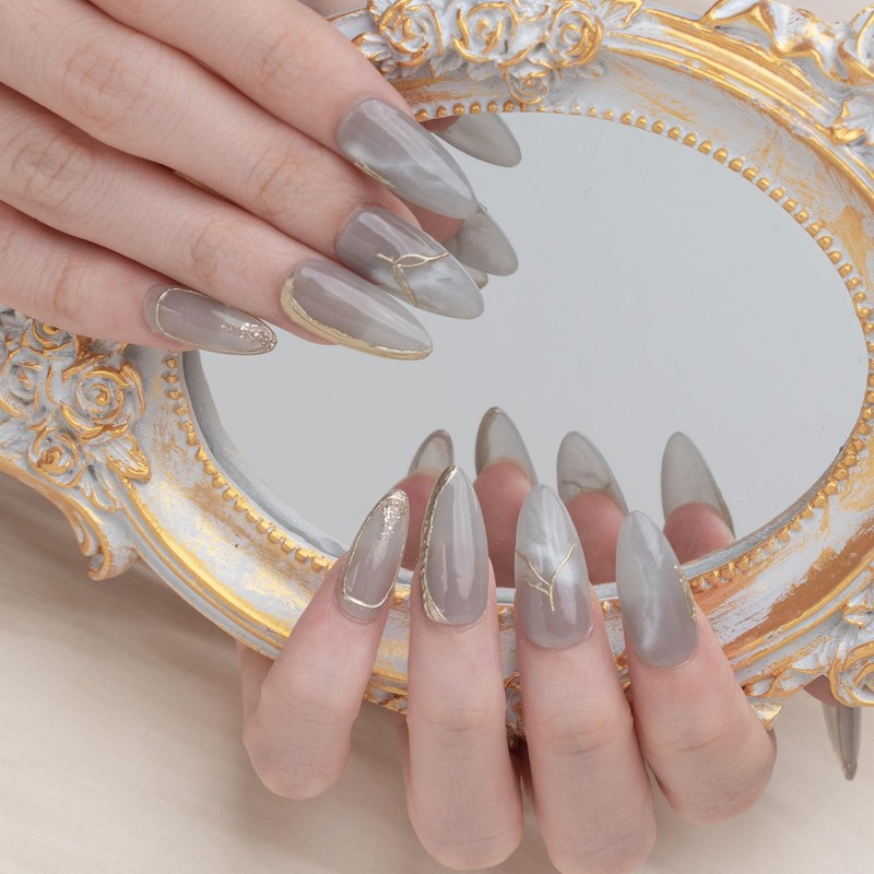 Sun&Beam Nails Handmade Nail Tips, Medium, Long, Almond, Blue, Gold,