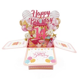 Asmallgf Happy 14th Birthday Gifts Decorations for Girls Boys, Funny 14 Birthday Popup Card with Envelope, Money Box for 14 Years Old Daughter Niece Friends