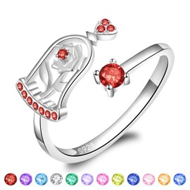 JXJL Birthstone Rings for Women - 925 Sterling Silver Adjustable Thumb Rings Rose Flower Jewelry Gifts for Wife Mom Daughter (January)