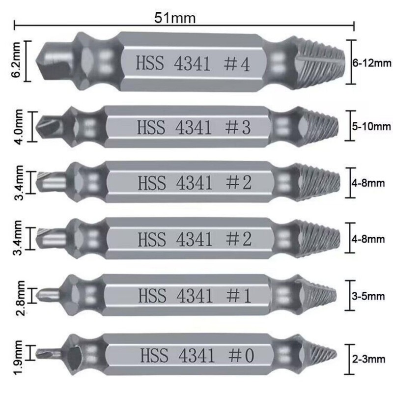 Set of 6 Tanned Screw Removal Bits, Crushed Screw Unscrewing