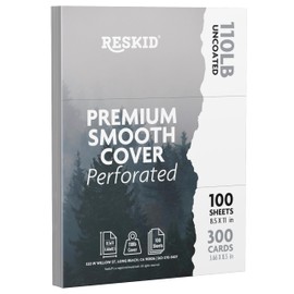 Reskid 100-Sheet Pack Of 110lb White Cardstock Thick Perforated Paper, 8.5x11 With 3 Per Page - 3.66x8.5 - Blank Heavy Weight Cover Card Stock - 100 Sheets With 300 Cards (3up - 3.66x8.5)