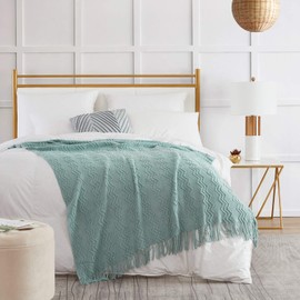 BOURINA Throw Blanket Textured Solid Soft Sofa Couch Cover Decorative Knitted Blanket (Aqua, 50x60 inches)