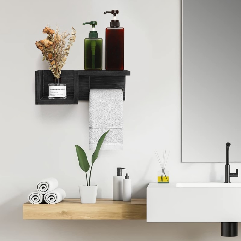 Wooden Black Toilet Paper Holder with Shelf - Wall Mount