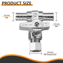 HeSun 10-PCs PEX Crimp Tee Stop Valve, 1/2" PEX x 1/2" PEX x 3/8" OD Compression Stop Valve, 1/4 Turn Shut Off Valve for Bathroom, ASTM F1807