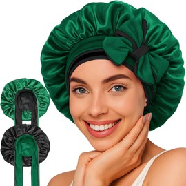 Reversible Silk Bonnet for Sleeping Women - Double Layer & Color Satin Bonnet, Adjustable Hair Cap for Curly & Textured Hair (Dark Green & Black)