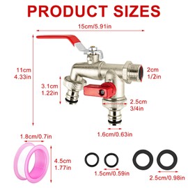 VLUVLA Double Garden Tap Kit, Brass Outdoor Tap with 1/2" Inlet and 2 Way 3/4" Outlets, Dual Hose Connector Garden Tap, Rustproof Outside Tap for Gar-den & Household Use