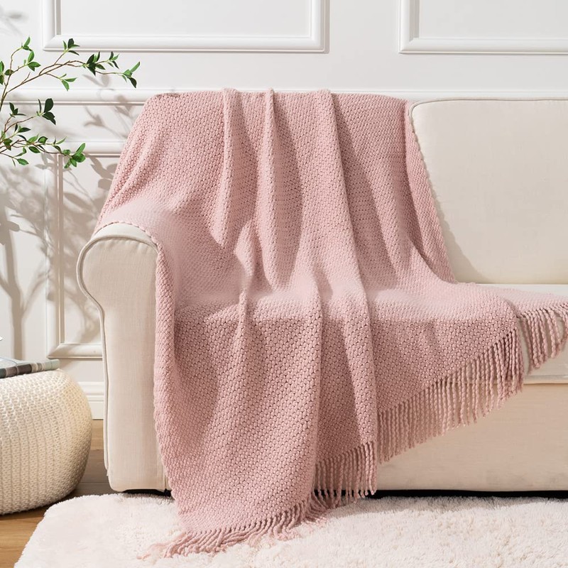 BATTILO HOME Pink Knitted Throw Blanket Textured Solid Sofa Couch