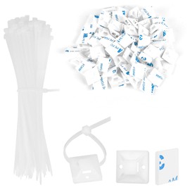 100 Sets Cable Zip Tie Mounts Kit- 100Pcs 1" Adhesive Cable Base Holder Mounting Squares and 100Pcs 6" White Nylon Zip Ties Outdoor Sticky Wire Fasteners Clips Cable Management Anchor Organizer