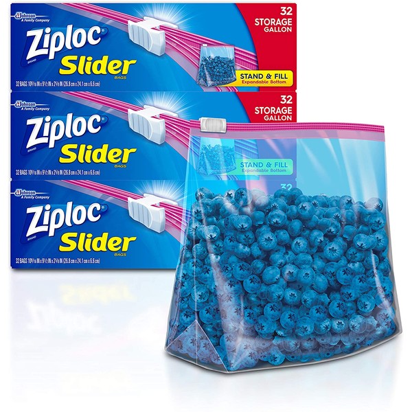 Ziploc Slider Storage Bags with New Power Shield Technology, Gallon, 32 Count (Pack of 3), (96 Total Bags)