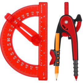 Zonon Student Protractor and Compass Set, Student Geometry Math Set Drawing Compass and 180 Degree 6 Inch Protractor with Swing Arm for Drawing Measuring School Office(Red)