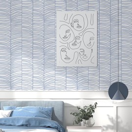 Froluya Blue and White Stripe Wallpaper Peel and Stick Herringbone Contact Paper 16.9"x196.8" Modern Self Adhesive Wallpaper Peel and Stick Blue Geometric Removable Wall Paper for Bathroom Decorative