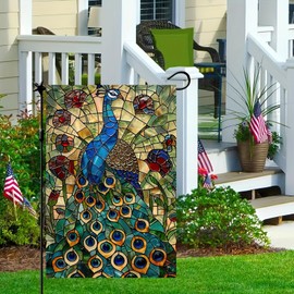 Blissyard Spring and Summer Welcome Garden Flag 12x18 Inch Double Sided Colorful Solemn Peacock Stained Glass Garden Flag for Outdoor Party Decor Bird Garden Flag