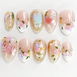 24pcs Colorful Flower Press on Nails Medium Almond Fake Nails with 3D Butterfly Designs White French Tip False Nails Cute Floral Acrylic Nails Kit Summer Fall Full Cover Glue on Nail for Women