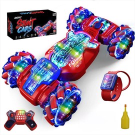 DEERC Radio Controlled Car for Kids, Stunt Car, Double-Sided Driving, Gesture Control, 4WD, Off-Road, Illusion LED, 360° Rotation, Programming, 60 Minutes Operation Time, Built-in Music, 2.4 GHz