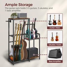 MAHANCRIS Guitar Stand, Multi-Guitar Rack, for Acoustic, Electric Guitar, Bass, Ukulele, Banjo, for 5 Guitars, Guitar AMP Stand, Record Rack, with Guitar Accessory Holder, EVA Cover, for Home Studio, Rustic Brown and Black GSHR8501