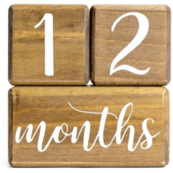 LovelySprouts Premium Solid Natural Wood Milestone Age Blocks + Gift Box | Brown Walnut Stained Pine Wood | Baby Age Photo Blocks | Perfect and Keepsake