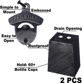 Jumiok Rustic Outdoor Beer Opener Wall Mounted Bottle Cap Opener with Catcher Antique Silver Drainage (2 Packs)