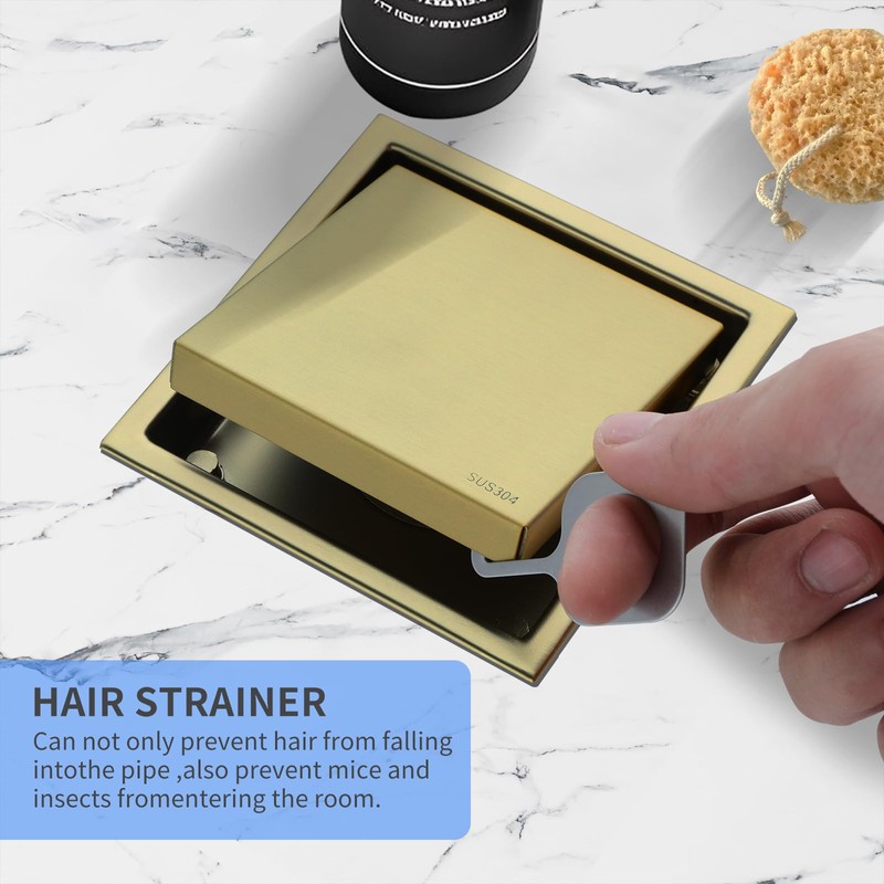 4-Inch Square Shower Drain, Brushed Gold Floor Drain with Flange,