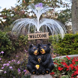 RCTTICUU Solar Bear Garden Statues,Resin Black Bear Family Figurine with Welcome Card and 7-Color Changing Optical Fiber with Solar Lights, Lawn Decor Outdoor Statue for Patio,Balcony,Yard,Lawn