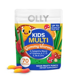 OLLY Kids Multivitamin Gummy Worms, Overall Health and Immune Support, Vitamins and Minerals A, C, D, E, Bs and Zinc, Chewable Supplement, Sour Fruit Punch, 45 Day Supply - 70 Count