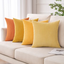MIULEE Fall Corduroy Pillow Covers Soft Soild Striped Throw Pillow Covers Set of 4 Decorative Square Cushion Cases Pillowcases for Sofa Bedroom Couch 18 x 18 Inch, Orange and Yellow